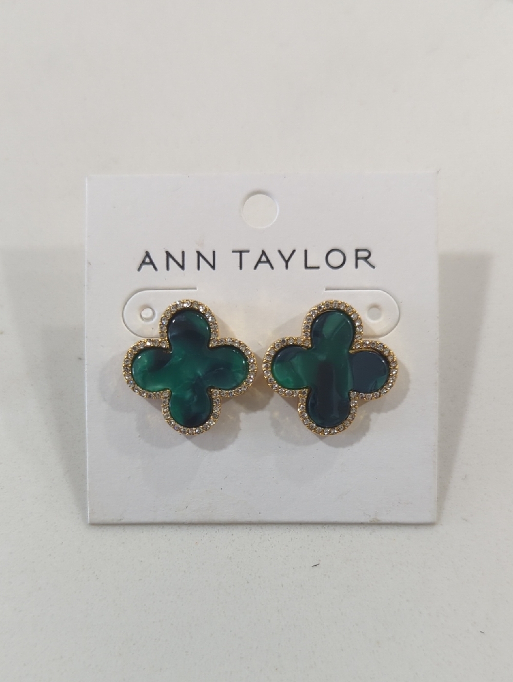 Ann Taylor Green Teal Marbled Clover Stud Earrings with Gold Trim Crystals
